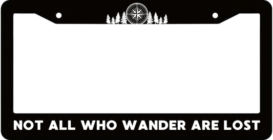 Personalized Car License Plate Frame Not All Who Wander are Lost - Mountains Compass License Plate Stainless Steel - Metal Plate Frame with Screws 6 x 12.25 inches - Holes Fits Standard US Vehicles