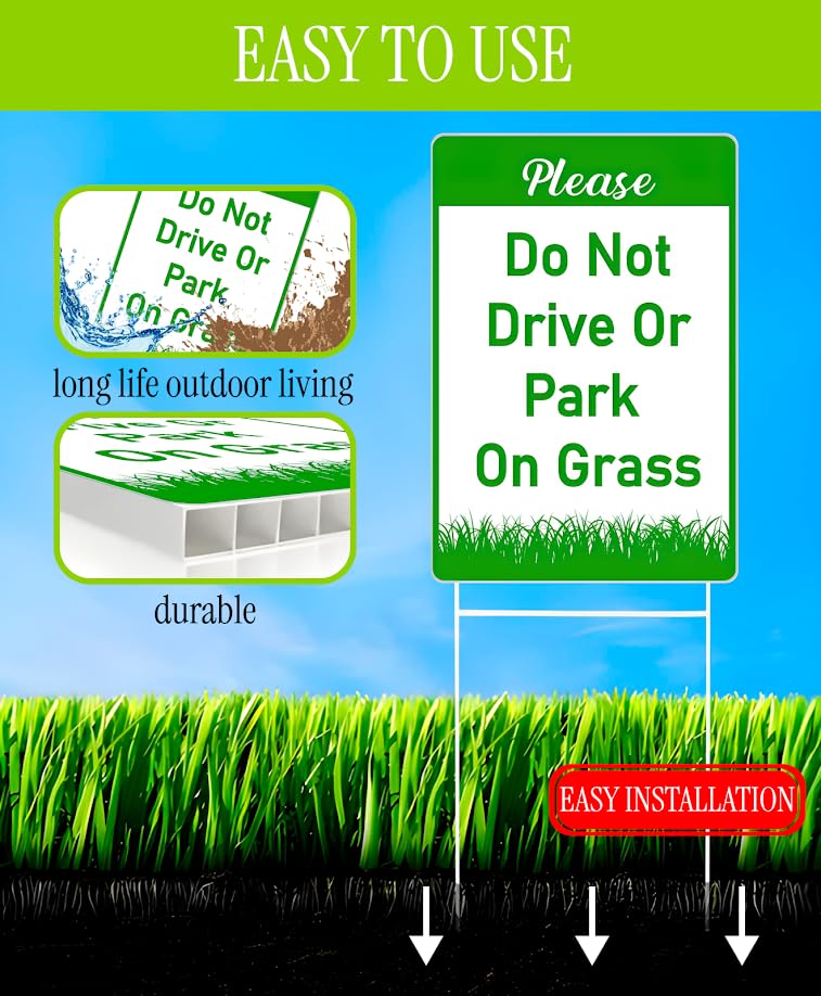 Set of 3 Double Sided 12x8 Inches Plastic Please Do Not Drive Or Park On Grass Signs with Metal H-Stakes - Yard Lawn Stay Off Grass Signs - Green and White Please Keep Off The Grass Sign