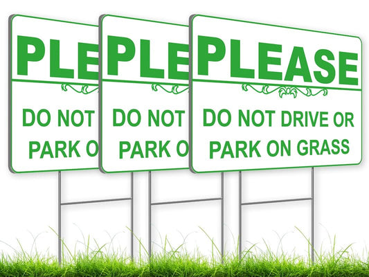 Set of 3 pcs 12 x 8 inch Please Don't Drive Staked Sign - No Parking on Lawn Reversible Sign - No Parking Sign and Don't Walk on Grass - Please Keep Away from Grass Sign - Keep Off The Grass Yard Sign