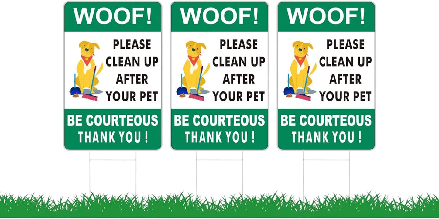 3X Double Sided 12x8 Please Clean Up After Your Pet Sign - Yard Lawn Fun Pet Signs - Collect Dog Poo and Don't Wet Also No Dog Poo for the Yard - Signs to Curb Your Dog with Metal H-Shaped Stakes