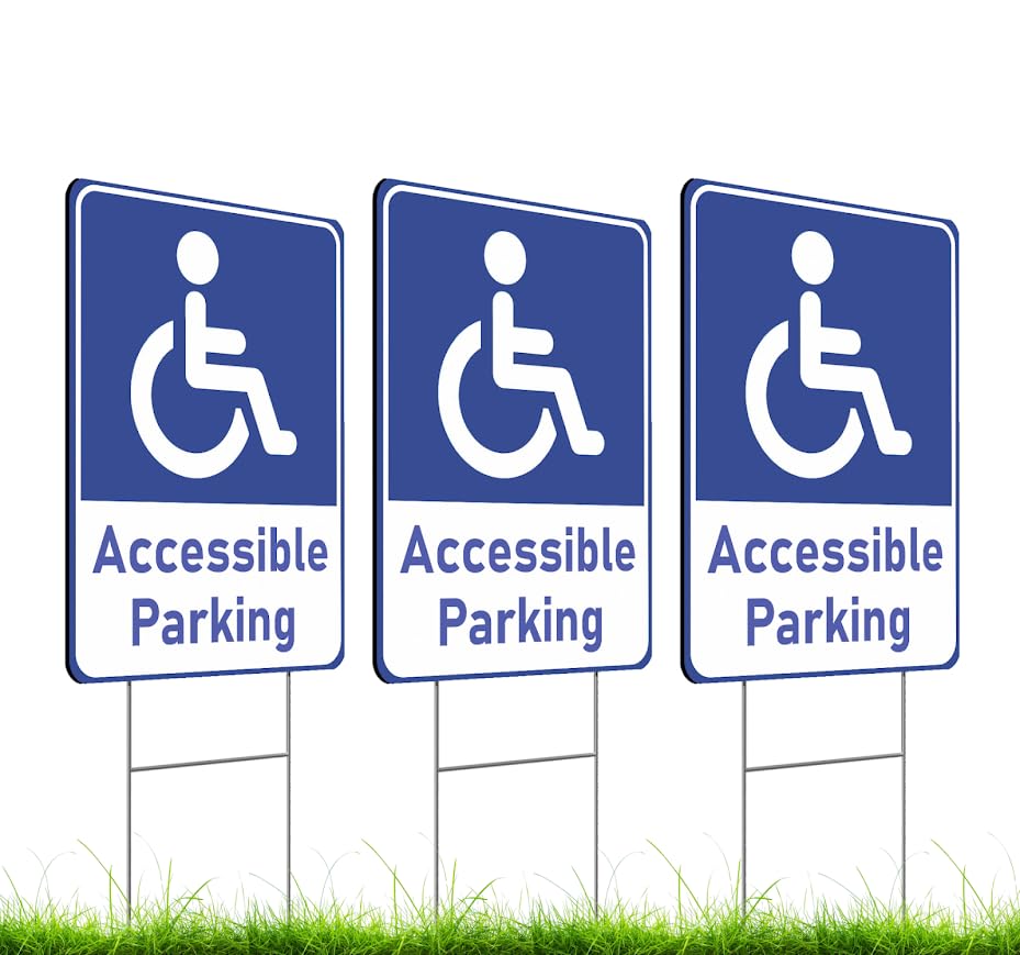 Set of 3 Double Sided 12x16 Inches "Accessible Parking" Sign with Metal H-Stakes - Reserved Spaces for Handicap Permit Vehicles - Restricted Parking for Vehicles with Authorization