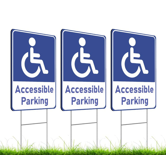 Set of 3 Double Sided 12x16 Inches "Accessible Parking" Sign with Metal H-Stakes - Reserved Spaces for Handicap Permit Vehicles - Restricted Parking for Vehicles with Authorization