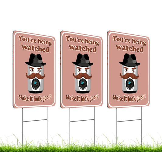 Set of 3 Double Sided 12x8 Inches Plastic Sign "You're Being Watched Make it Look Good!" - Property Under 24 hour Video Surveillance Sign - Smile Youre on Camera Signage With Stake