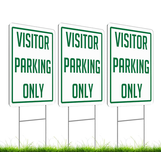 Set of 3 Double Sided 12x16 Inch Plastic Sign "Visitor Parking Only" with Metal H-Stakes - Plastic Parking Signs Green on White - Guest Parking Only Signage - Parking Visitor Sign for Yard