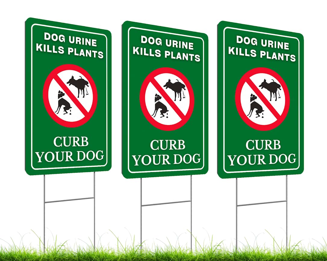 Set of 3 Double Sided 12x8 Inches Dog Urine Kills Plants Curb Your Dog Signs - No Pooping and No Peeing Dog Signs with Metal Stakes for Yard Garden Lawn Outdoor - Be a Good Neighbor Sign