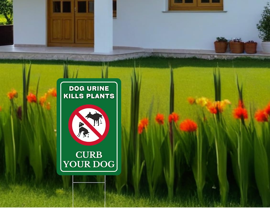 Set of 3 Double Sided 12x8 Inches Dog Urine Kills Plants Curb Your Dog Signs - No Pooping and No Peeing Dog Signs with Metal Stakes for Yard Garden Lawn Outdoor - Be a Good Neighbor Sign