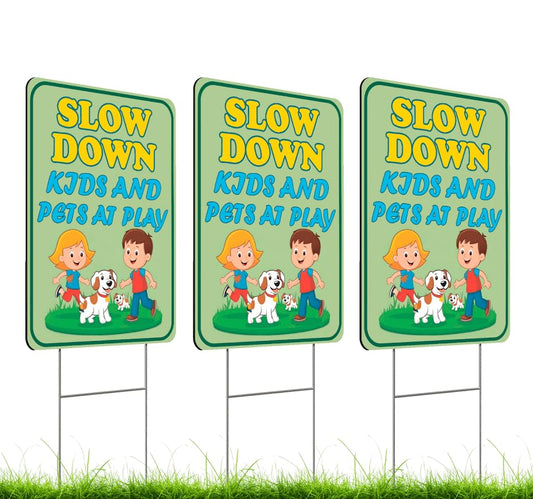 Set of 3 Double Sided Sign 12x16 Inches Plastic Metal H-Stakes "SLOW DOWN KIDS AND PETS AT PLAY" - Children at Playing Safety Signs for Street - Neighborhood Watch Speed Limit Signage