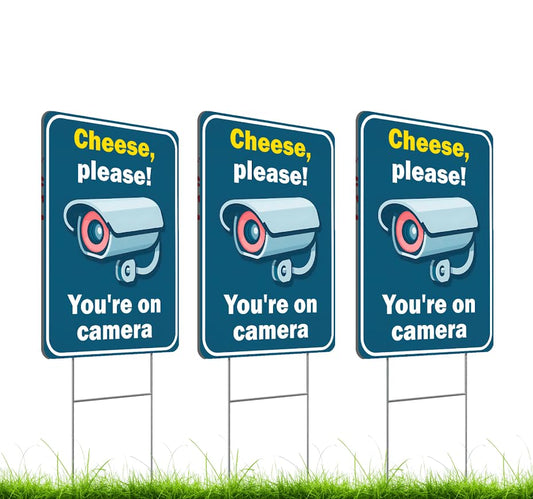 Set of 3 Double Sided 12x8 Inches Plastic Sign "Cheese, Please! You're on Camera" - No Trespassing Signs Private Propert - Warning Under 24 Hors Surveillance Signage - Alarm for Home Security Camera