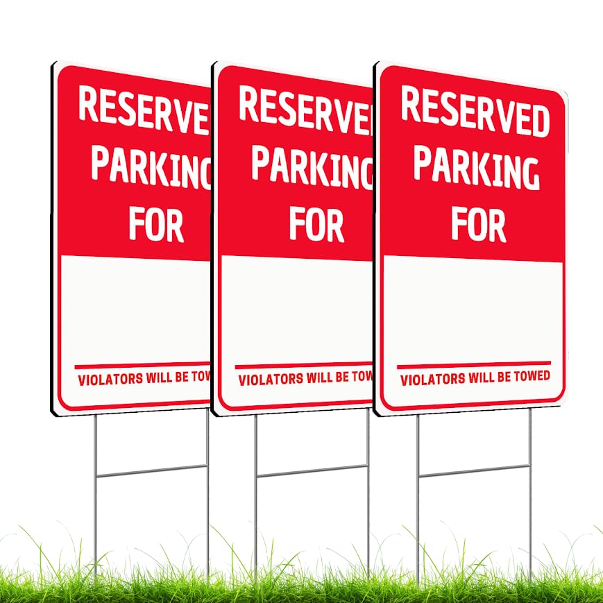 Set of 3 Double Sided 8x12 Inches Reserved Parking Sign with Metal Wire H-Stakes - Plastic Indoor or Outdoor Sign Text Only - No Parking This Space is Reserved Sign - Yard Signs with Parking Space