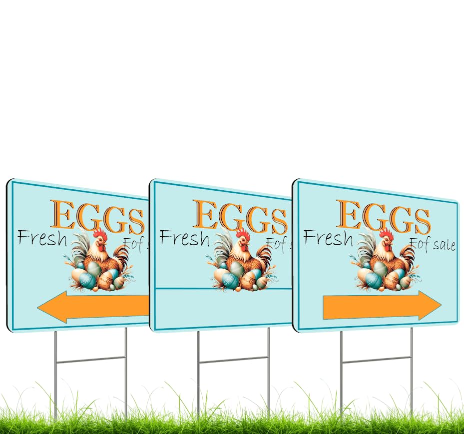 Set of 3 Double Sided 12x16 Inches Eggs Fresh for Sale Sign with Metal H-Stakes - Farm Fresh Eggs Sign for Outdoor and Indoor - Signs Chicken Coop Decoration - Fresh Chicken Eggs For Sale Sign