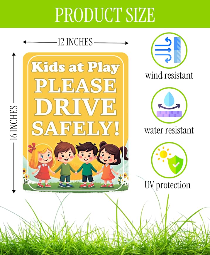 3 Set of 12x16 Inches "Thank You For Driving Slowly Kids at Play Please Drive Safely" Sign with Metal H-Stakes - Speed Limit Drive Slow Signage - Child Playing for Street Warning