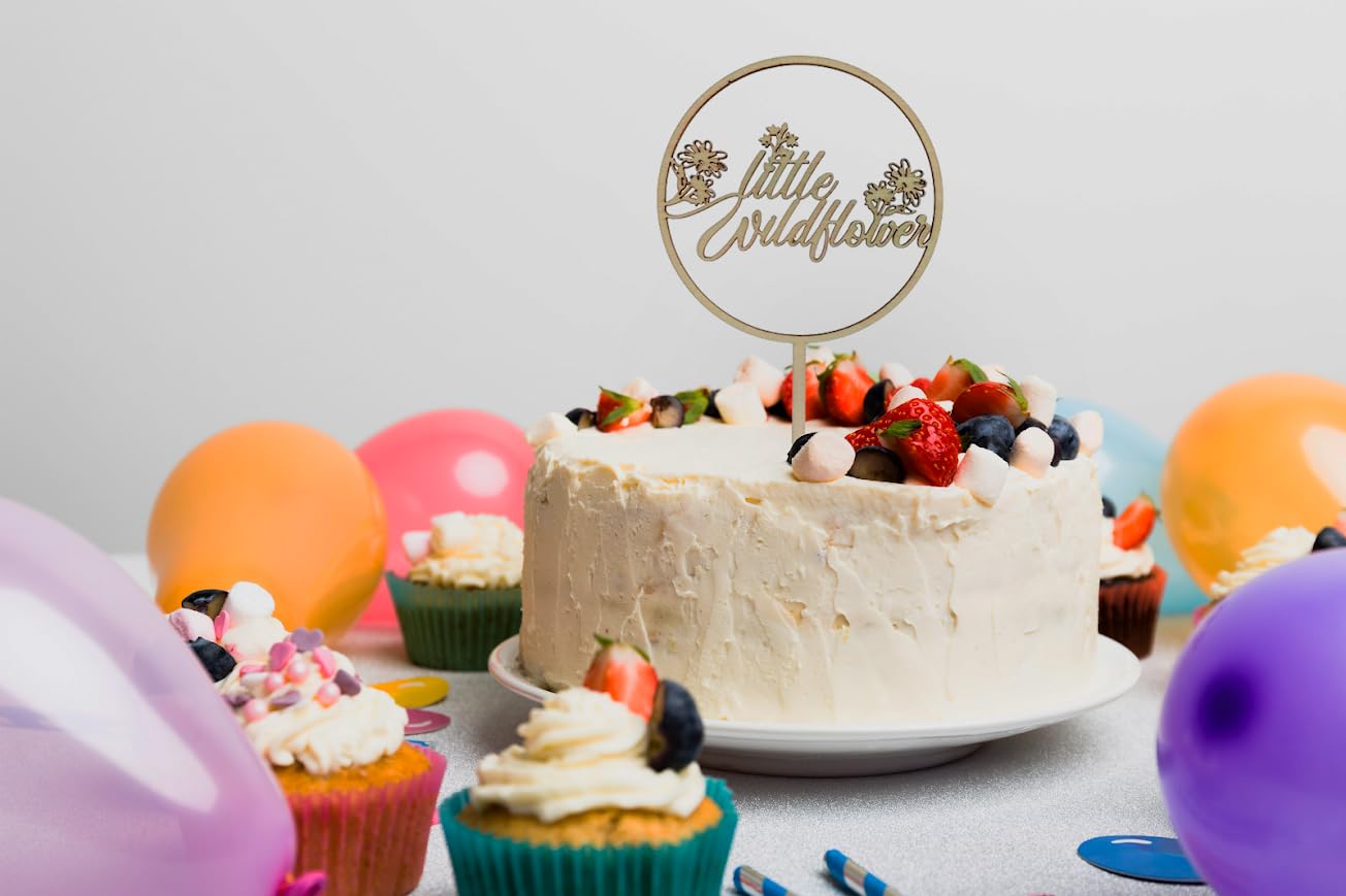 4.72x8.18 Inch Wood Wildflower Cake Topper - Little Wildflower Birthday Decorations - Girls Wild One Birthdays Cake Toppers - Floral Baby Shower Decoration - Souvenirs Birthday for Family and Friends