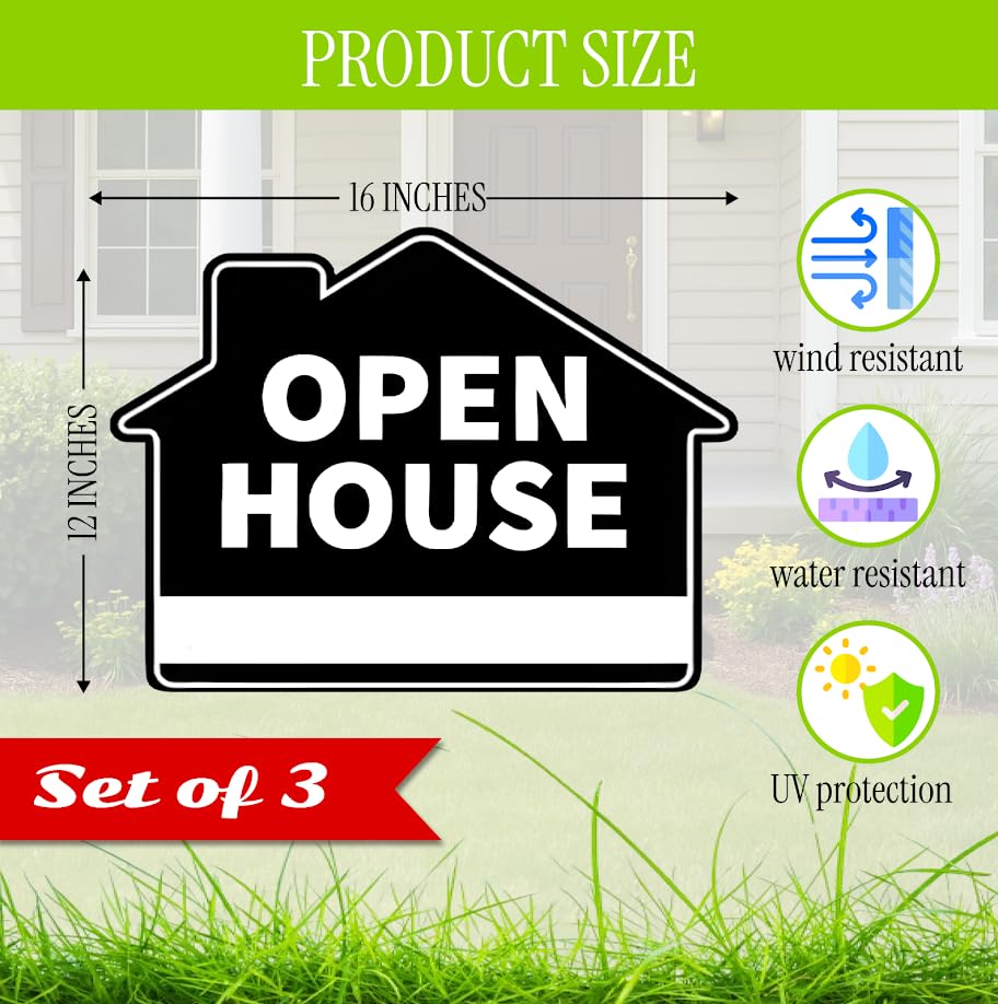 Set of 3 Double Sided 12x16 Inches Plastic Open House Signs with Metal H-Stakes - Black Sign for Real Estate Agent Supplies - Realtor Supplies for Sent Houses for Sale By Owner Yard Sign