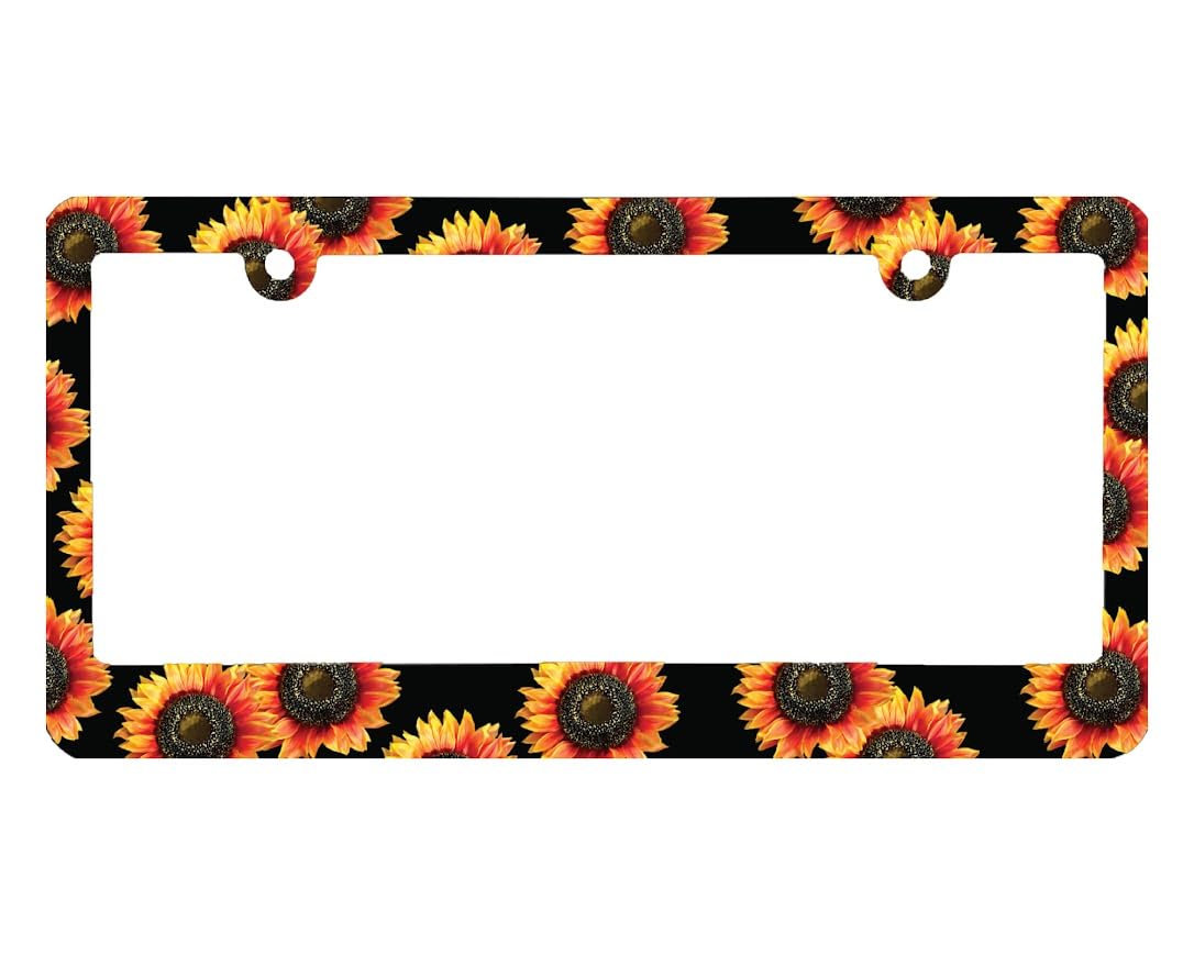 Personalized Car License Plate Frame Yellow Sunflowers - Metal Aluminum Funny Black Car Cover Tag Holder Frames with 2 Holes and Screws - Standart Cars USA Tag Frame for Front and Rear