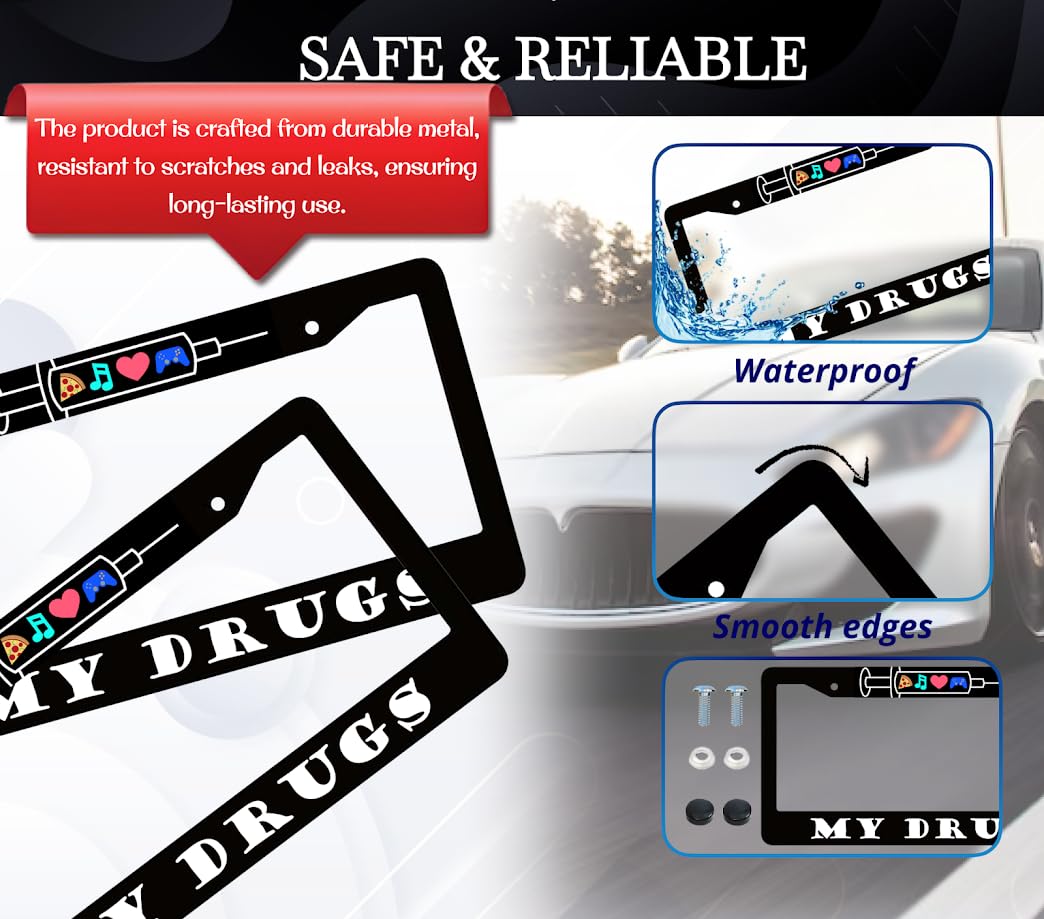 6x12.25 Inch License Plate Frame with Quote My Drugs with 2 Holes and Screws - Pizza Plate Frames Auto Accessories for USA Standard for Front and Rear - Aluminium License Plate Frame with Heart