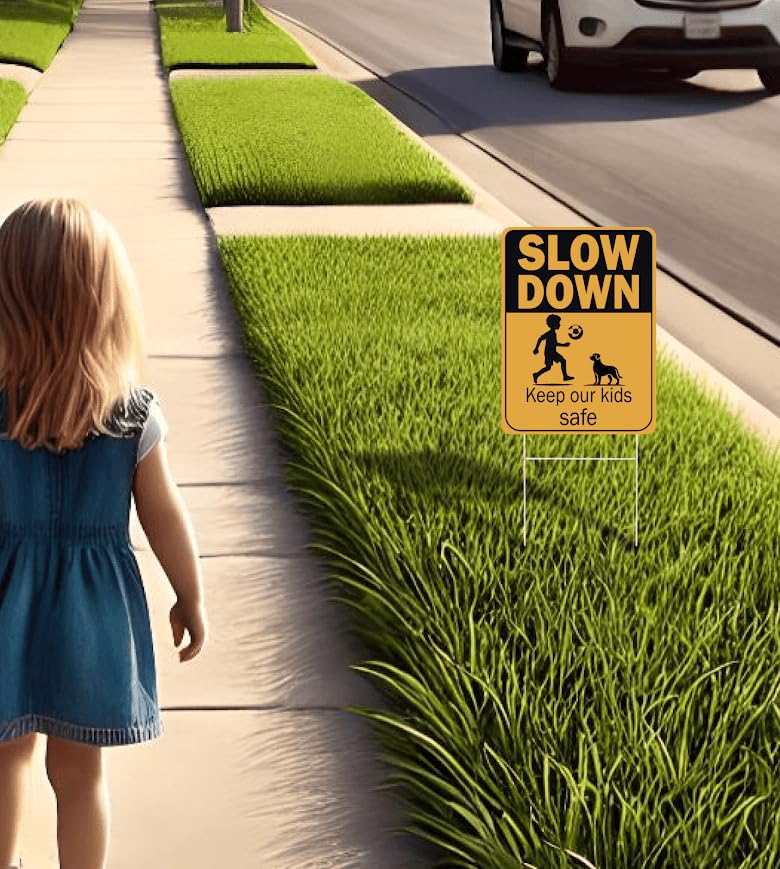 Set of 3 Double Sided 12x16 Inches Plastic Sign "SLOW DOWN Keep Our Kids Safe" - Сhildren at Play Safety Signs for Street - Drive Like Your Kids Live Here Signage - Neighborhood Watch Kids at Play