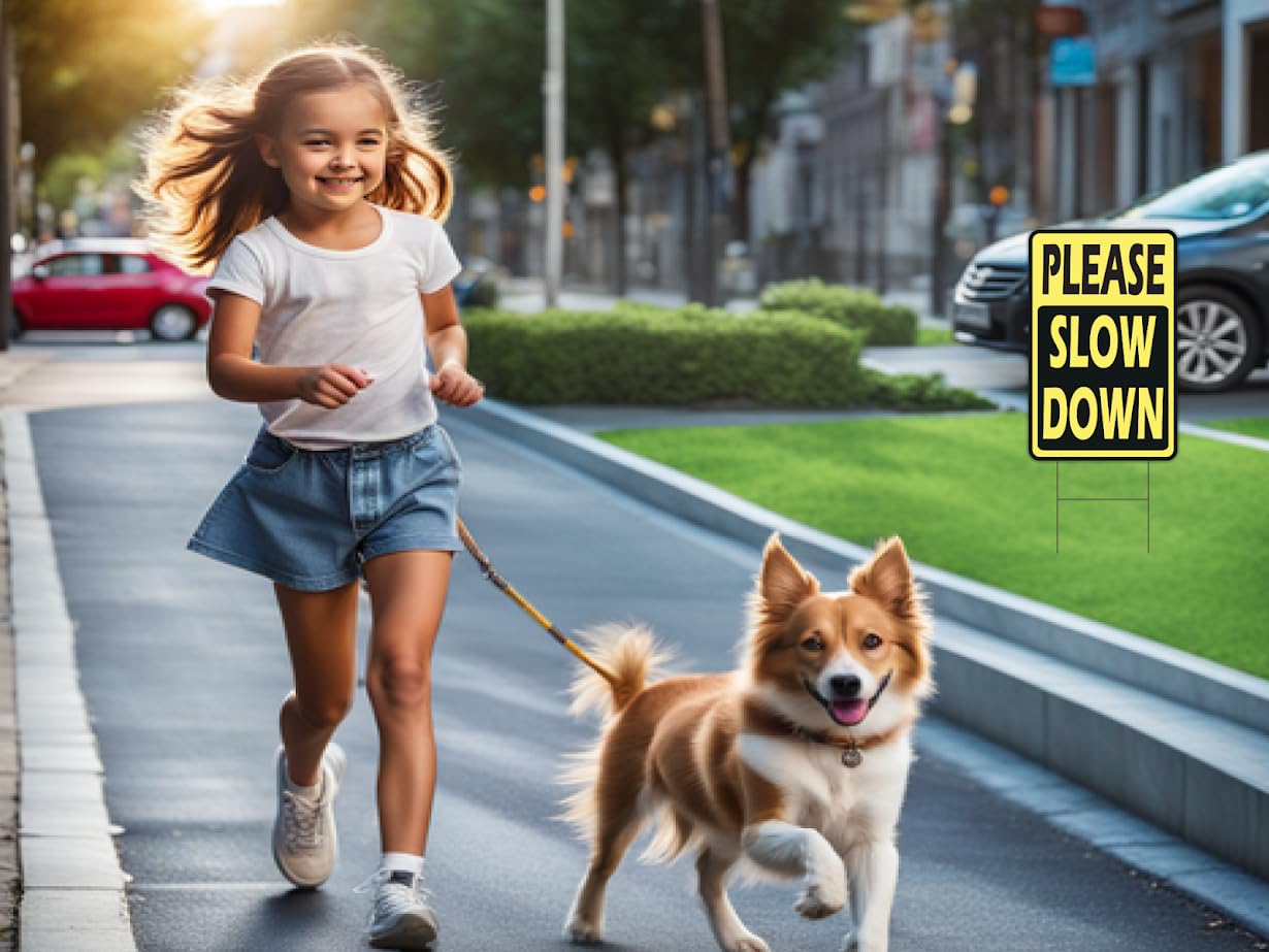 Set of 3 Double Sided 12x8 Inches Please Slow Down Signs with Stakes - Road, Traffic Safety Signs for Neighborhoods - Children and Kids at Play signs - Street Slow Children at Play Sign