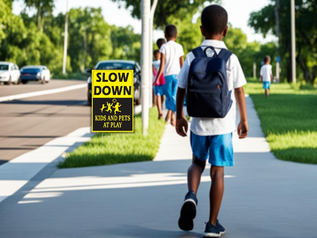 6 Pack 8x12 inch Double Sided Please Slow Down Kids and Pets at Play Yard Signs with Metal Wire H-Stakes - Drive Like Your Kids Live Here Sign - Children At Play Safety signs for Street Sign