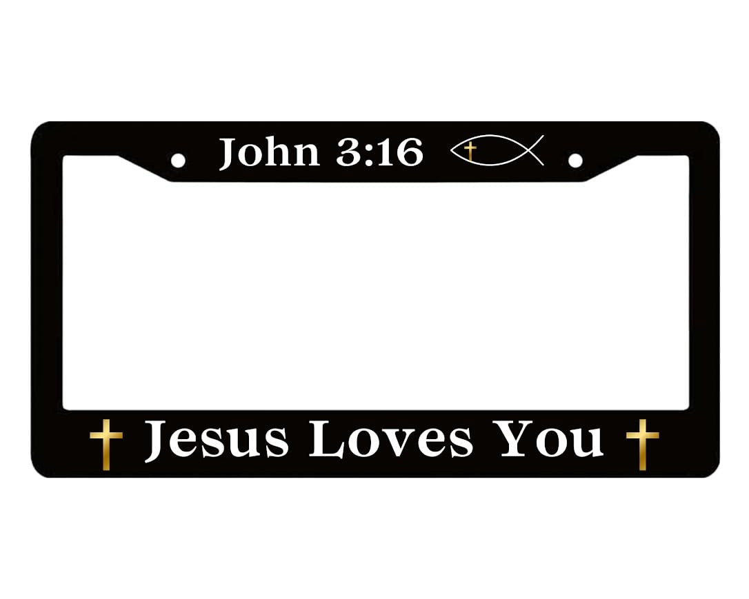 Personalized Car License Plate Frame John 3:16 Jesus Loves You - Metal Aluminum Funny Black Car Cover Tag Holder Frames with 2 Holes and Screws - Standart Cars USA Tag Frame for Front and Rear