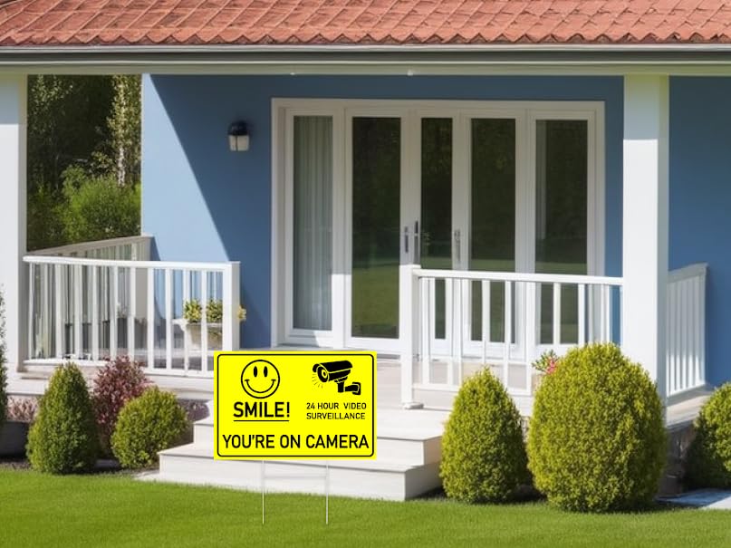 3 Pack 8x12 Inch Smile Your on Camera Signs with Stake - No Tresspassing. Private Property Video Surveillance Home Security Yard Sign - Warning Signs for Property - Single Sided Signs off Lawn Outdoor