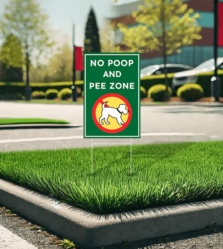 Set of 3 Double Sided 12x8 Inches Plastic Sign "No Poop and Pee Zone" with Metal H-Stakes - Pick Up After Your Dog No Pooping - Please Keep Dogs off Lawn and Yard - Dont Peeing or Poop Watch Your Pet