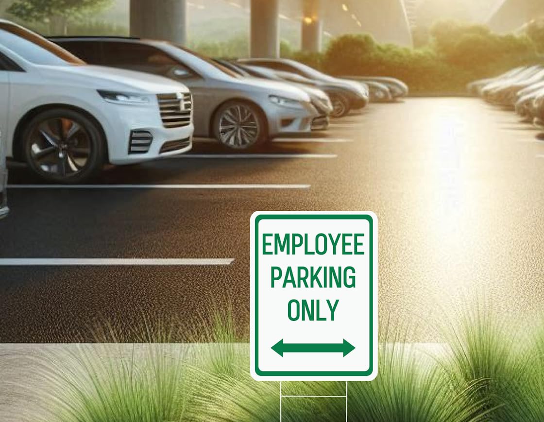 Set of 3 Double Sided 12x16 Inches Employee Parking Only Sign with Metal Wire H-Stakes - Plastic Sign with Bidirectional Arrow - Green and White Employee Parking Signs for Business