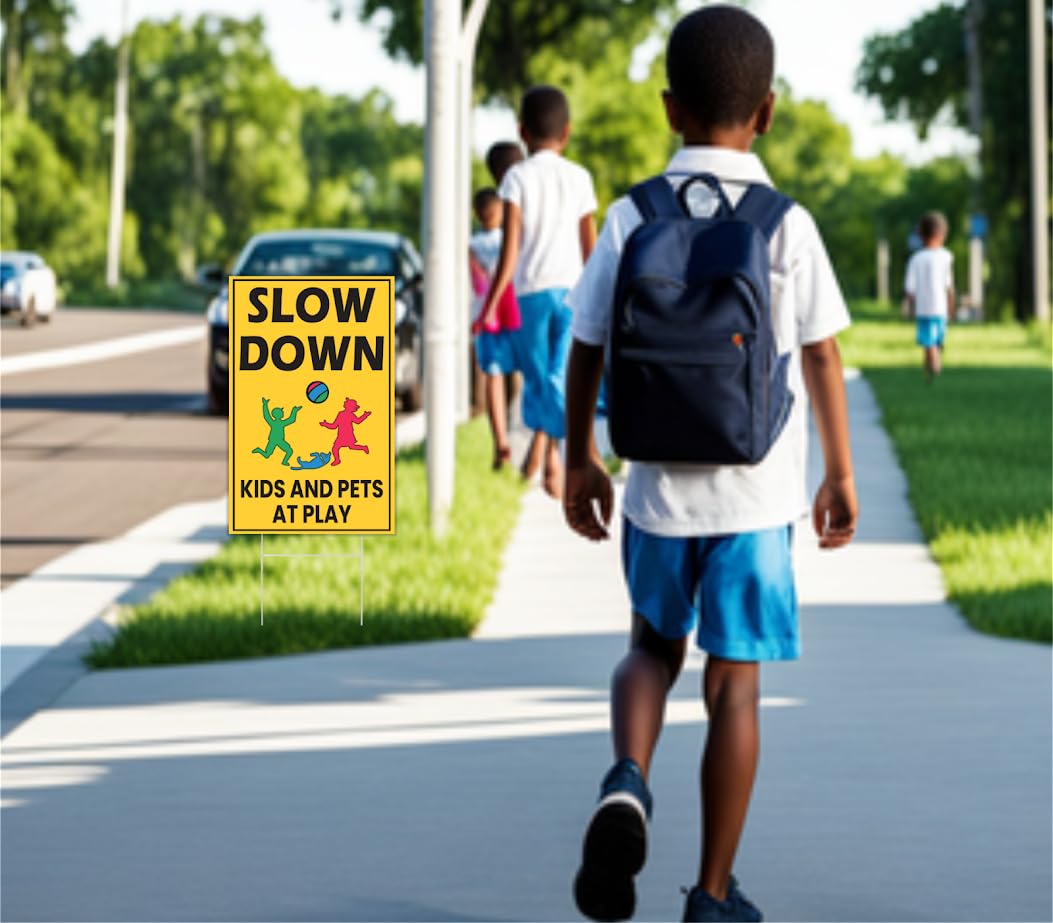 Plastic Drive Slow Kids Play Sign Set 12x8 Inch Double Sided - Street Safety Signs with Stakes - Attention Kids Playing Road Sign - Caution and Slow Kids standing sign - Kids in Play Safety Signs