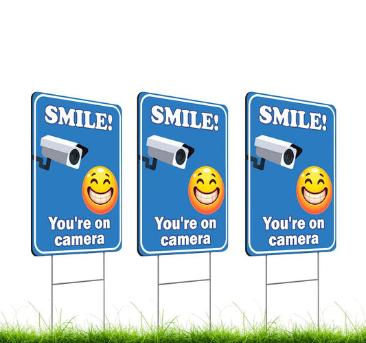 Set of 3 Double Sided 12x8 Inches Plastic Sign With H-Stakes "SMILE! You'reon Camera" - Tresspassing Video Surveillance Private Property Signs - Warning Security Cameras in Use 24 Hours Signage