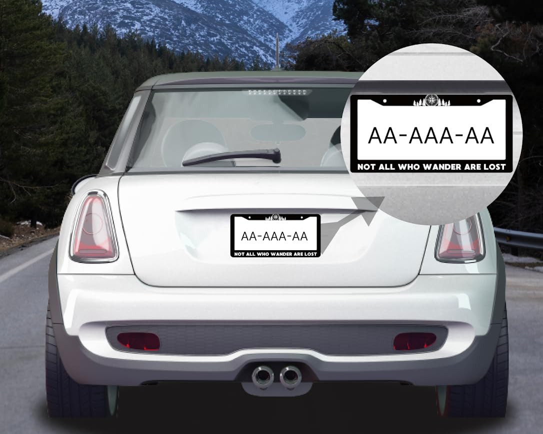 Personalized Car License Plate Frame Not All Who Wander are Lost - Mountains Compass License Plate Frame Stainless Steel - Metal Plate Frame with 2 Holes and Screws 6x12.25 inches for US Standard