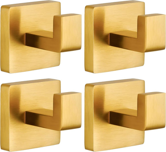 Set of 4 Gold Towel Hooks for Bathrooms - Robe Hook or Coat Holder - Brushed Stainless Steel Wall Mounted Square Hooks for Kitchen or Bedroom - Matte Gold Hook Hotel - Stylish Bath Hooks for Towels