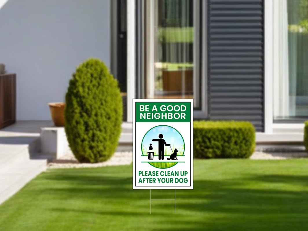 12x8 3X Neighbor Clean Up After Your Dogs Plastic Signs - No Dog Poop Double Sided Sign for Yard - No Dogs Allowed or Keep off Grass Sign - Curb Your Dog no Pooping and Peeing Lawn Signs with Stakes