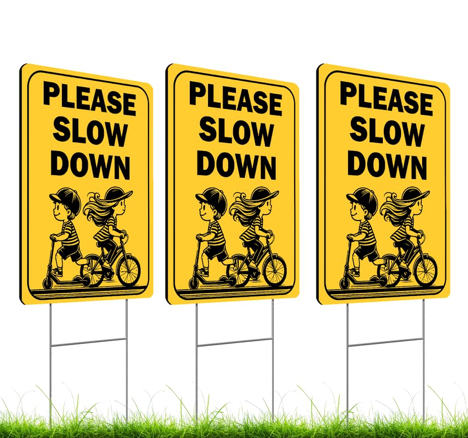 Set of 3 Double Sided 12x16 Inches "Please Slow Down" Sign with Metal H-Stakes - Сhildren at Play Safety Signage for Street - School Zone Speed Limit - Drive Like Your Child Live Here Yard