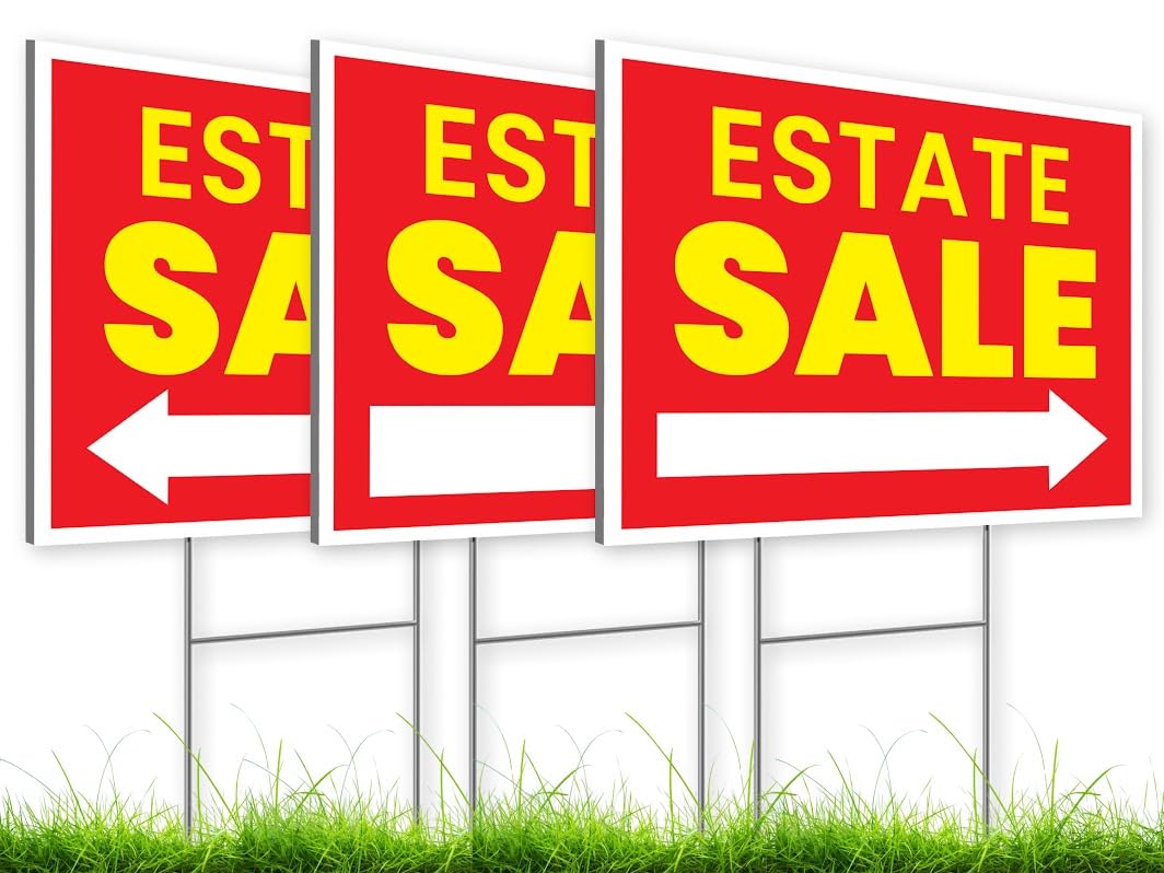 12x16 Inch pack of 3 Double Sided Real Estate Sale Yard Sign - Estate Sale Arrows Signs with Metal H Stakes - House For Sale Signs for Real Estate Agent Realtor Supplies - Real Estate Perfect for Home