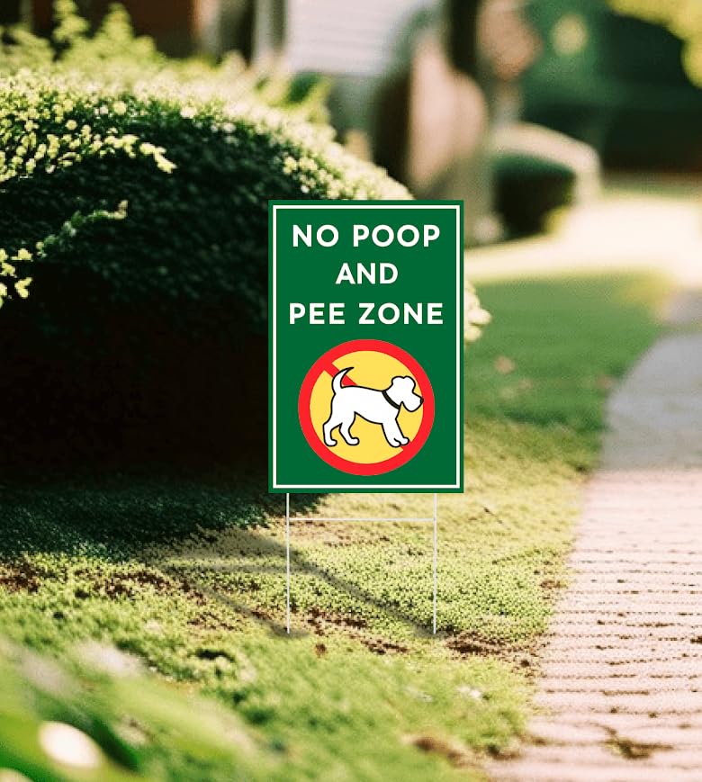 Set of 3 Double Sided 12x8 Inches Plastic Sign "No Poop and Pee Zone" with Metal H-Stakes - Pick Up After Your Dog No Pooping - Please Keep Dogs off Lawn and Yard - Dont Peeing or Poop Watch Your Pet