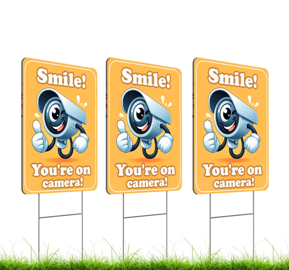 Set of 3 Double Sided 12x8 Inches Plastic Sign "Smile! You're On Camera!" - Signs No Tresspassing Video Surveillance Private Property - Signage Surveillance Outdoor is House Under Observation