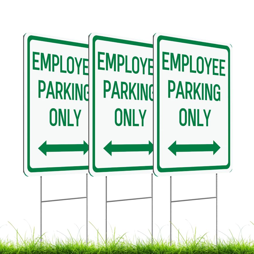 Set of 3 Double Sided 12x16 Inches Employee Parking Only Sign with Metal Wire H-Stakes - Plastic Sign with Bidirectional Arrow - Green and White Employee Parking Signs for Business