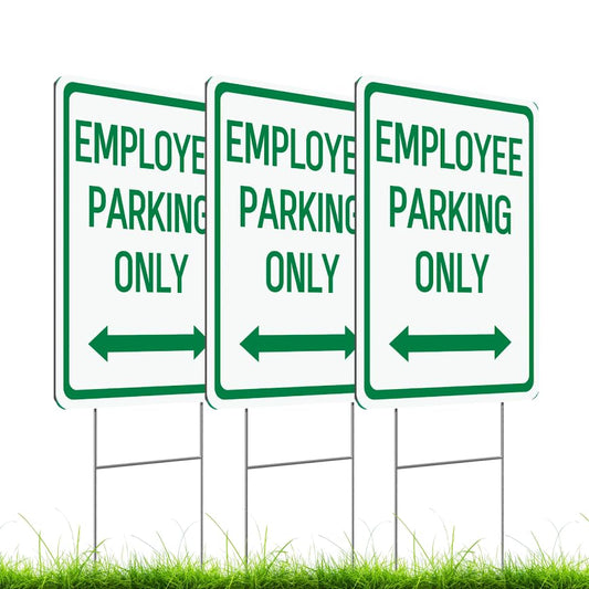 Set of 3 Double Sided 12x16 Inches Employee Parking Only Sign with Metal Wire H-Stakes - Plastic Sign with Bidirectional Arrow - Green and White Employee Parking Signs for Business