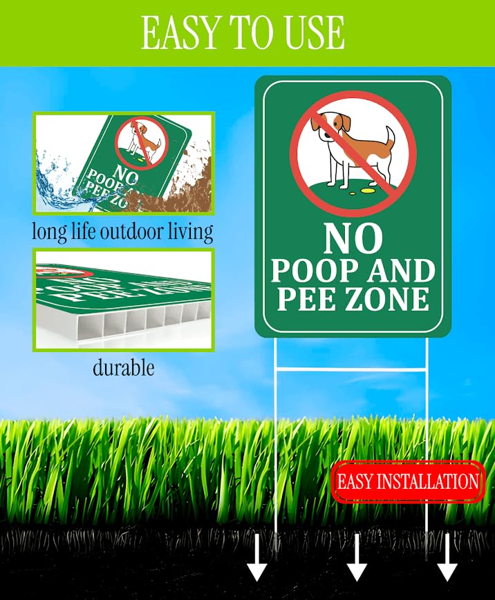 Set of 3 Double Sided 12x8 Inches Plastic Sign "No Poop and Pee Zone" with Metal H-Stakes - No Pet Poop Signs for Lawn - Signs Clean Up After Your Dogs - No Peeing Animals Garden