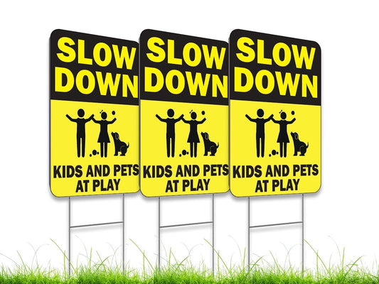 8x12 Inch Pack of 3 Slow Down Sign - Kids & Pets at Play Sign for Street Neighborhoods - Double-Sided Kids At Play Signs For Street with Metal H Stake - Children At Play Safety Signs