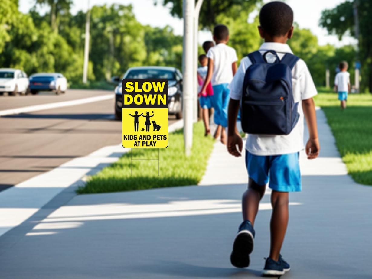 8x12 Inch Pack of 3 Slow Down Sign - Kids & Pets at Play Sign for Street Neighborhoods - Double-Sided Kids At Play Signs For Street with Metal H Stake - Children At Play Safety Signs