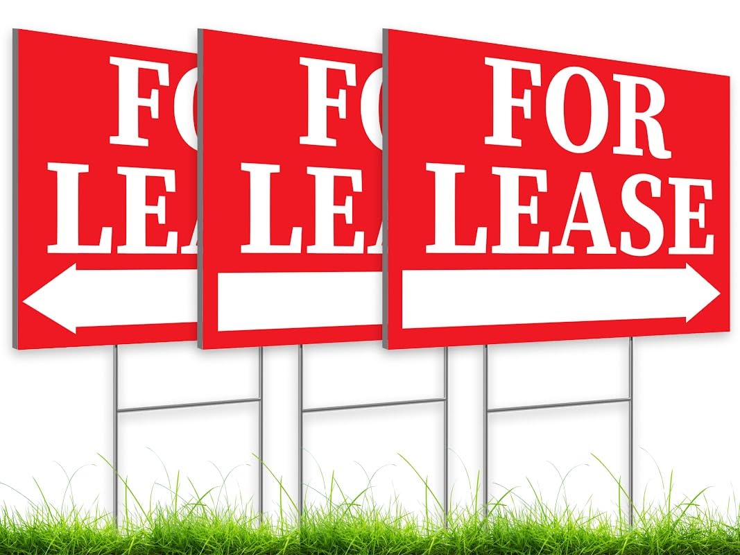 Pack of 3 Corrugated Plastic Red White for Lease Sign with H Stake 12" x 8" inch - Tall Stands for Outdoor House Business Supplies - Home for Rent Lawn Sign for Real Estate Agent