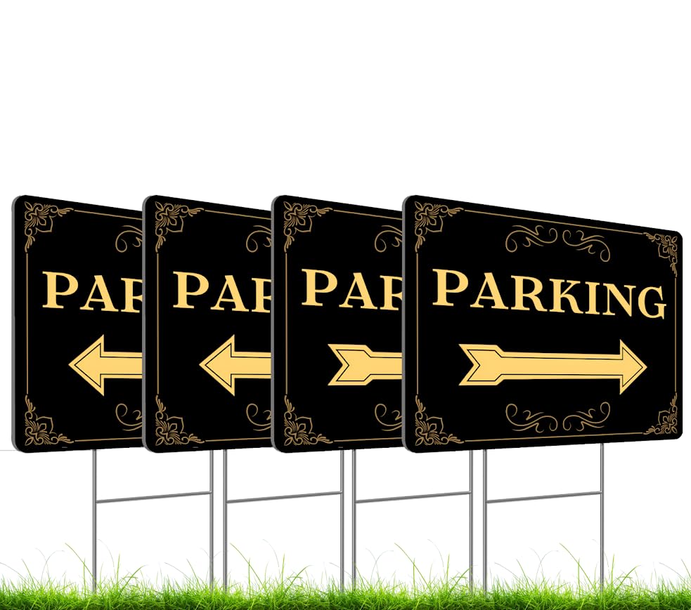 Set of 4 Double Sided 12x16 Inches Parking Sign with Metal Wire H-Stakes - Plastic Indoor or Outdoor Basics Parking Sign - Guest Directional Arrow Parking Signs - Black and Gold Parking Sign