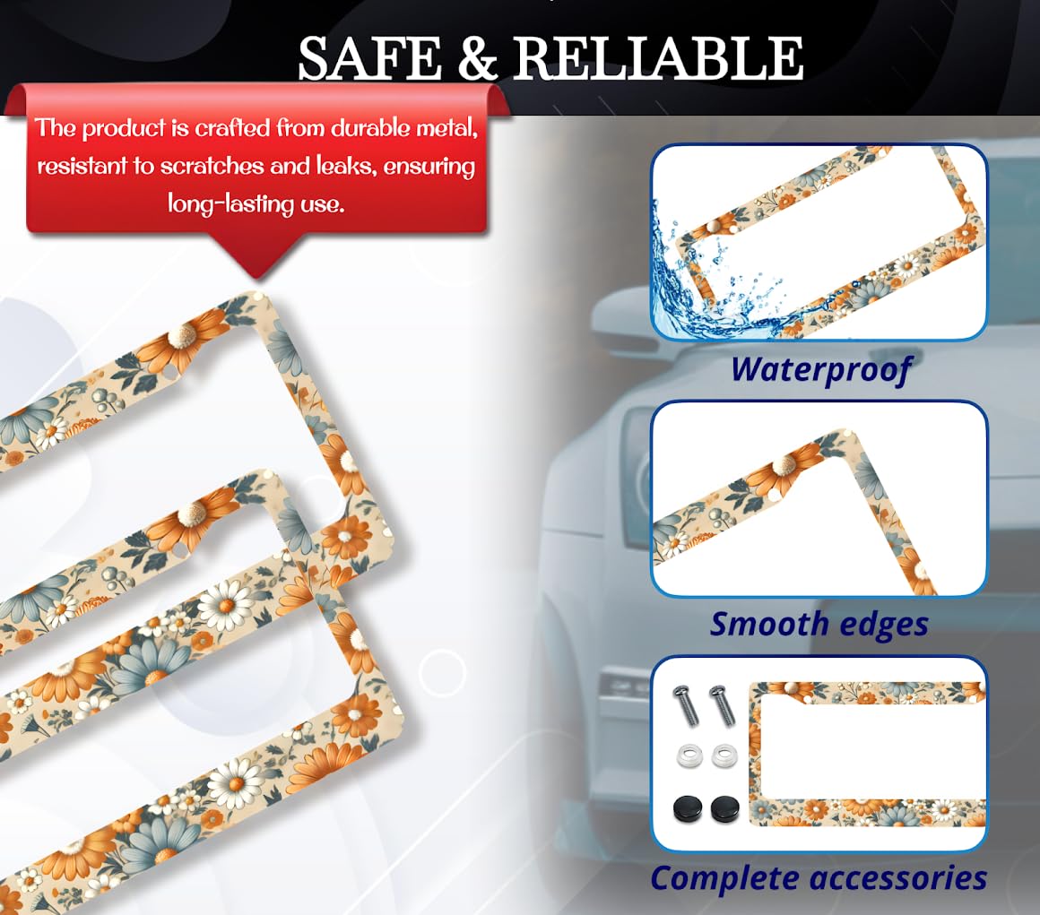 Car License Plate Frame for US Standard 6x12.25 Inch - Stainless Steel Frame - Floral Retro Daisys License Plate Frames Frames with 2 Holes and Screws - Accessory for Car