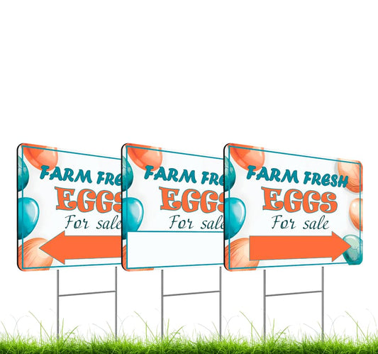 Set of 3 Double Sided 12x16 Inches Farm Fresh Eggs For Sale Sign with Metal H-Stakes - Fresh Chicken Eggs For Sale Sign - Funny Signs Chicken Eggs Coop Decor - Plastic Eggs Sign for Outdoor and Indoor