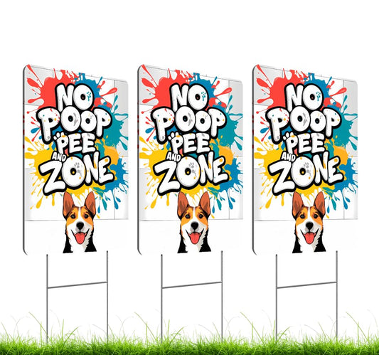 Set of 3 Double Sided 12x8 Inches Plastic Sign "No Poop and Pee Zone" - Signs No Dog Pooping and Peeing For Lawn - Signage Pick Excrement Dogs Clean Up Behind Yard - Keep Pet Off Grounds