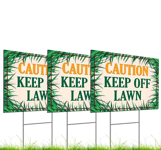 Set of 3 Double Sided 12x8 Inches Plastic Sign "Caution Keep of Lawn" Metal H-Stakes - Plastic Warning Yard Sign for Lawn Grass - Neighborhood Street Caution Yard Signs - Please Keep of Lawns