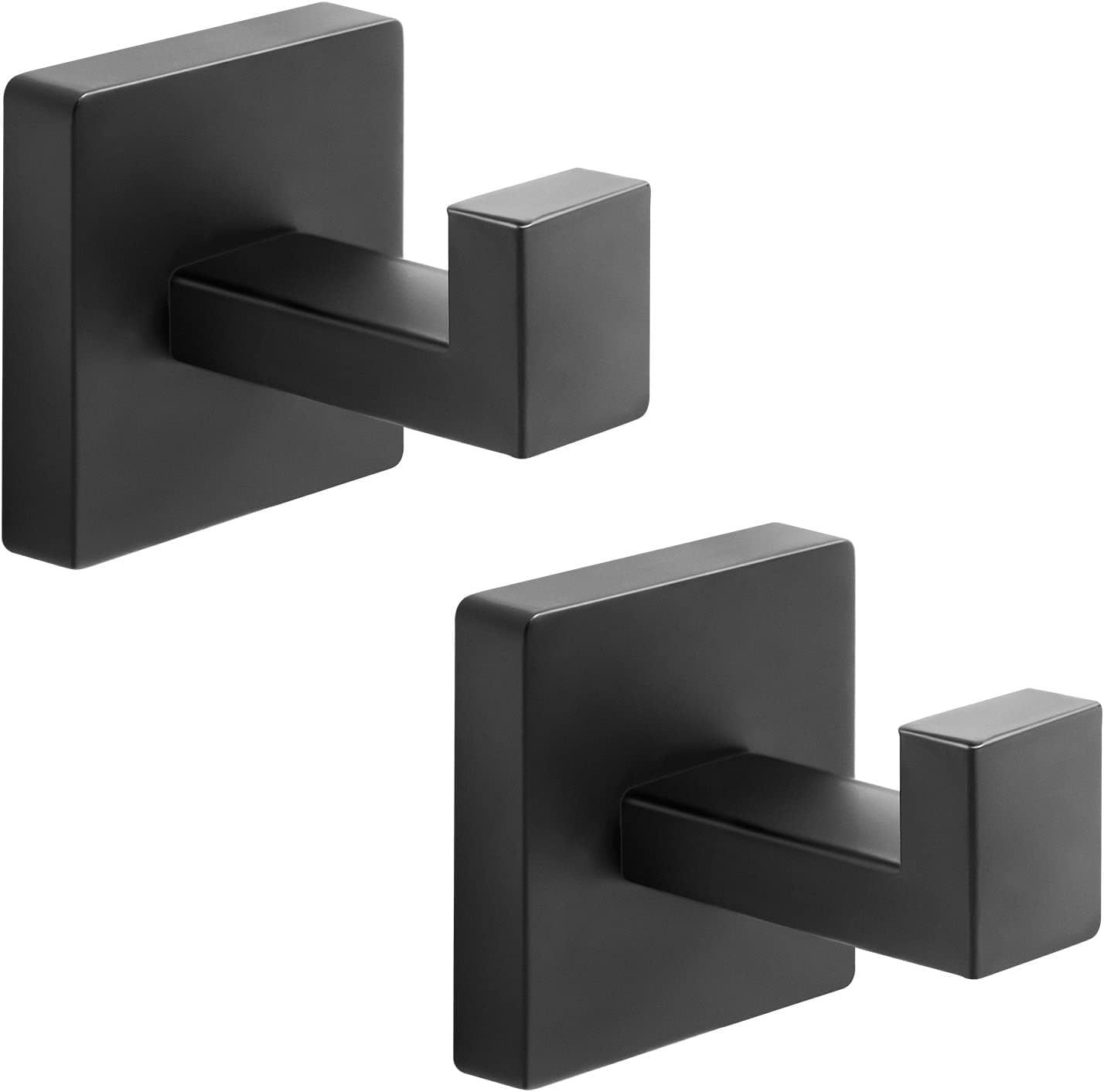 Set of 2 Matte Black Towel Hooks for Bathrooms - Stainless Steel Bathrooms 1.9 in x 1.8 in Hooks - Wall Mounted for Bathroom or Kitchen Bedroom - Stylish Hooks for Towels - Modern Square Wall Hooks