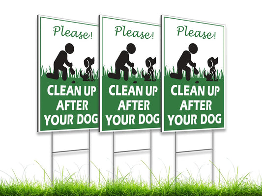 Set of 3 Double Sided Please Clean Up After Your Dog 12x8 inch - Yard Sign with Metal Wire H-Stakes Included - Easy to Install No Pooping Dog Lawn Signs or Dogs Be Respecful - Keep Off Grass Sign