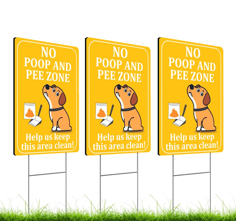 Set of 3 Double Sided 12x8 Inches Plastic Sign "No Poop and Pee Zone" with Metal H-Stakes - Help Us Keep this Area Clean - Pick Up After your Pet - Signage no Dog Pooping and Peeing in Garden