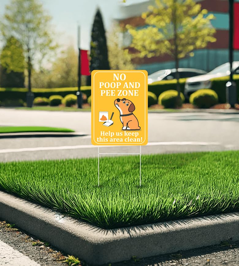 Set of 3 Double Sided 12x8 Inches Plastic Sign "No Poop and Pee Zone" with Metal H-Stakes - Help Us Keep this Area Clean - Pick Up After your Pet - Signage no Dog Pooping and Peeing in Garden